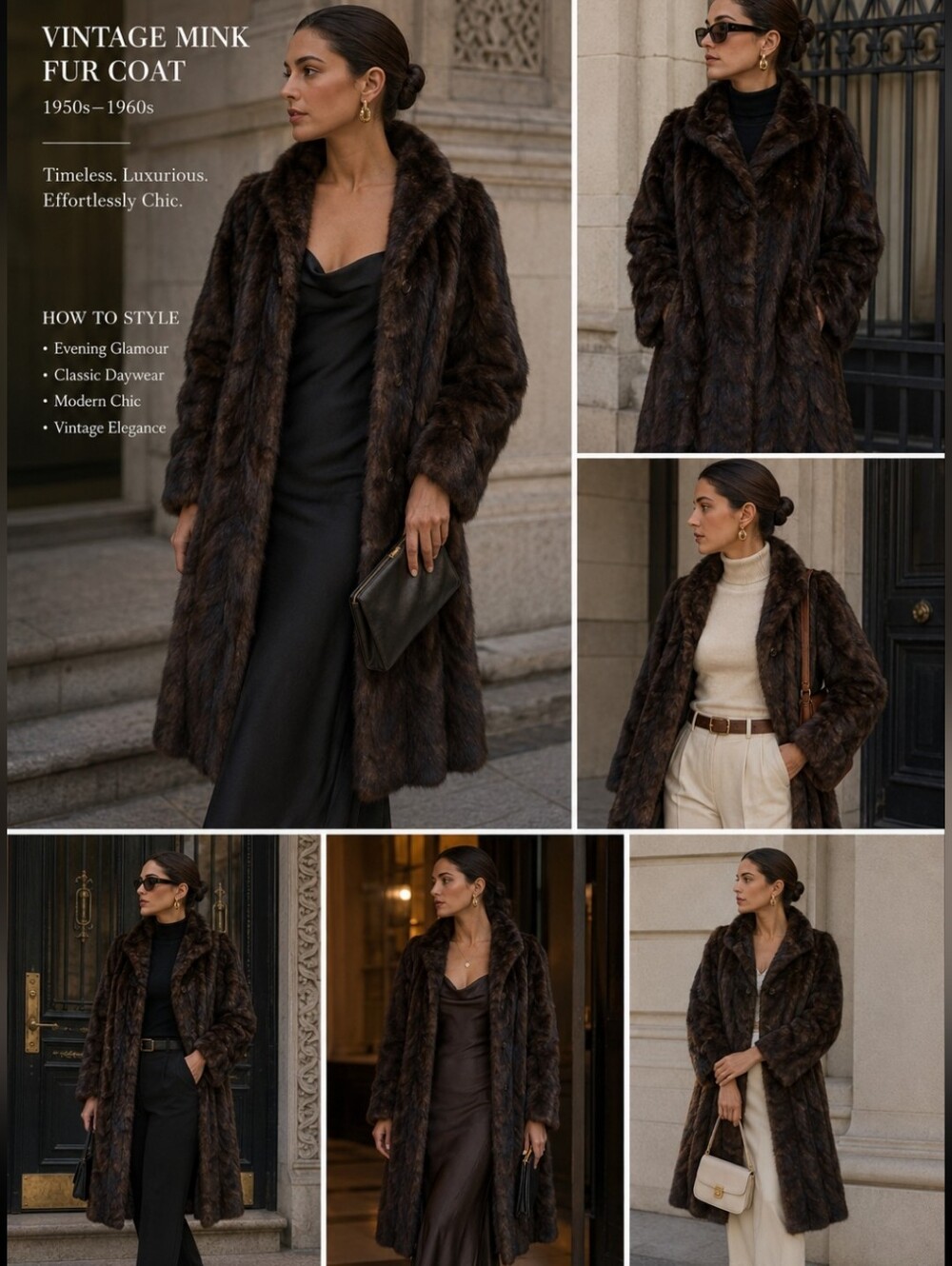 Vintage 1950s Dark Brown Fur Coat Full Length Fur Collar Hook Closures Monogram